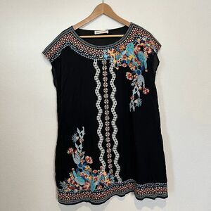 Starrs on Mercer Black Multicolored Embroidered Mini Tunic Shift Dress Large